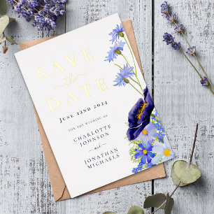 Elegante Wildblumen Blaue Hochzeit Save The Date G Folie Einladungspostkarte