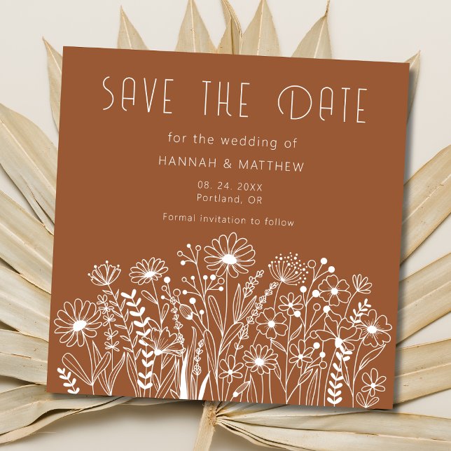 Elegante Wildblumen Boho Burnt Orange Wedding Save The Date (Von Creator hochgeladen)