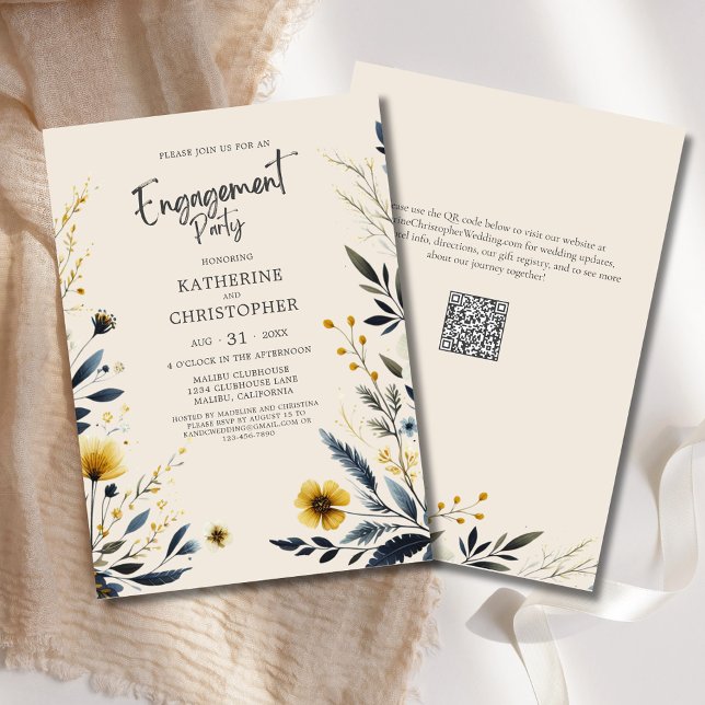 Elegante Wildblumen Engagement Partei Beige Einladung (Elegant Wildflowers Engagement Party Invitation with Blue and Yellow Watercolor Wildflowers, QR Code)