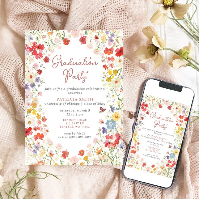 Elegante Wildblumen Foto Graduation Party Einladung (Elegant Wildflowers Photo Graduation Party Invitation)