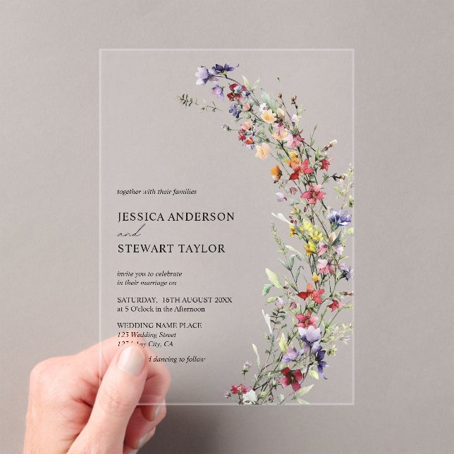Elegante Wildblumen Foto Hochzeit Acryleinladungen (Insitu (Handheld))