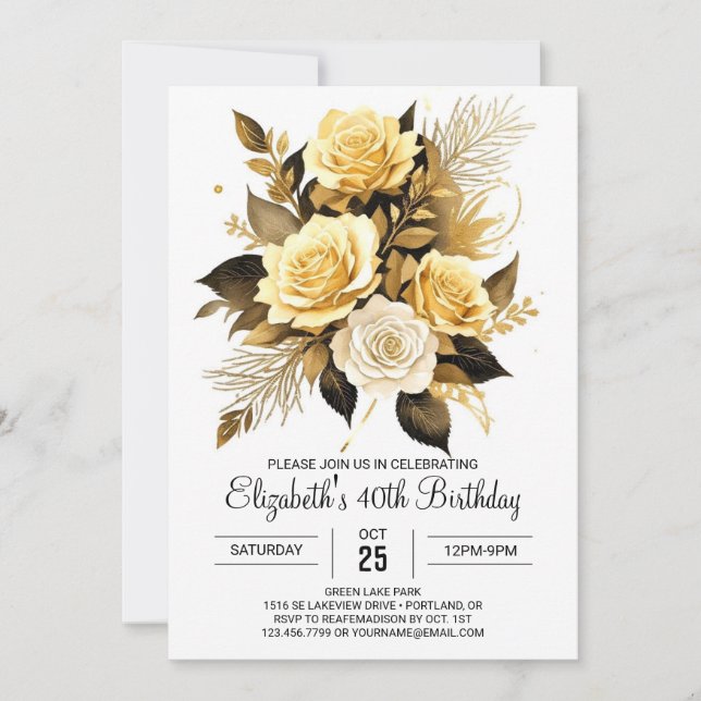 Elegante Wildblumen Gold und Schwarz 30. Geburtsta Einladung (Vorderseite)
