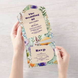 Elegante Wildblumen Hochzeit All In One Einladung