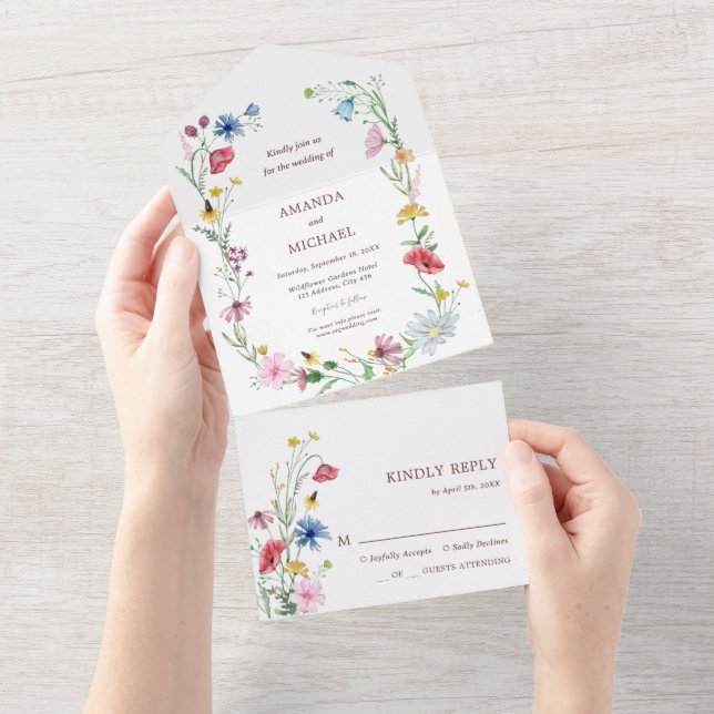 Elegante Wildblumen Hochzeit All In One Einladung (Abreißen)