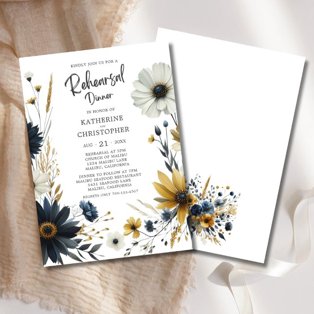 Elegante Wildblumen Hochzeit Probe Dinner Einladung (Elegant Watercolor Wildflowers Rehearsal Dinner Invitation with blue and yellow wildflowers.)