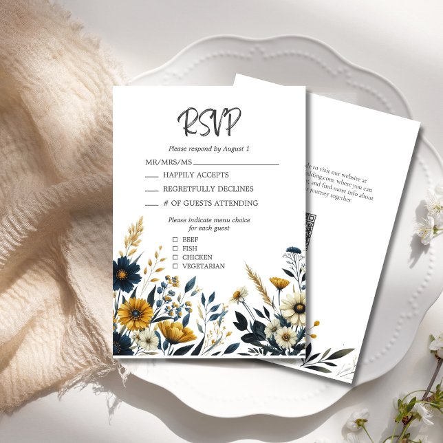Elegante Wildblumen Hochzeit RSVP Karte (Elegant Watercolor Wildflowers Wedding RSVP with Menu Selections, QR Code, Blue Yellow Flowers.)