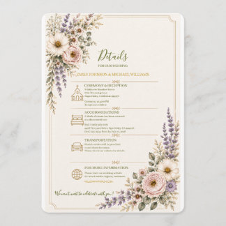 Elegante Wildblumen-Hochzeits-Details-Karte Einladung