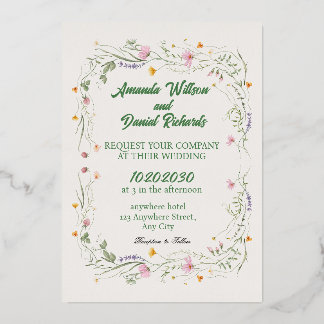 Elegante Wildblumen-Hochzeitseinladung | Aquarell Folieneinladung