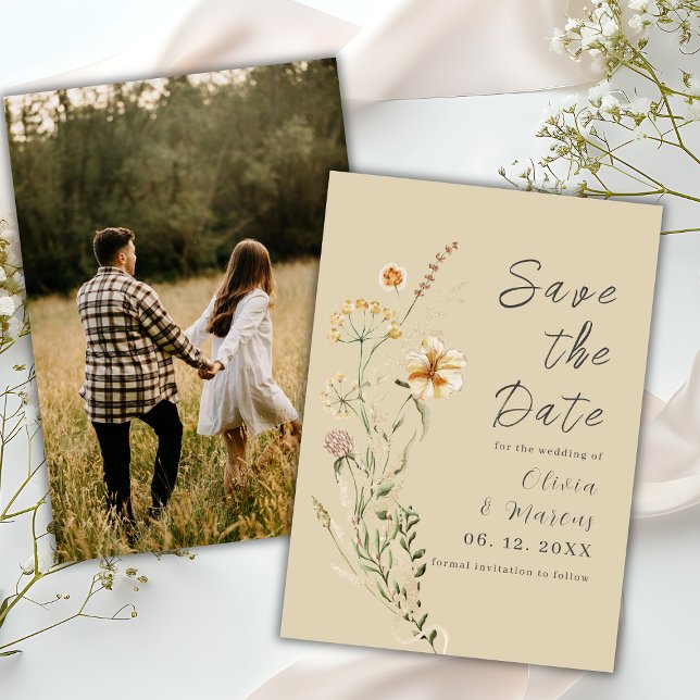 Elegante Wildblumen neutrales Beige Foto Fall Save The Date (Von Creator hochgeladen)