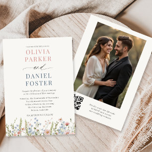 Elegante Wildblumen-QR-Code-Foto-Hochzeit Einladung