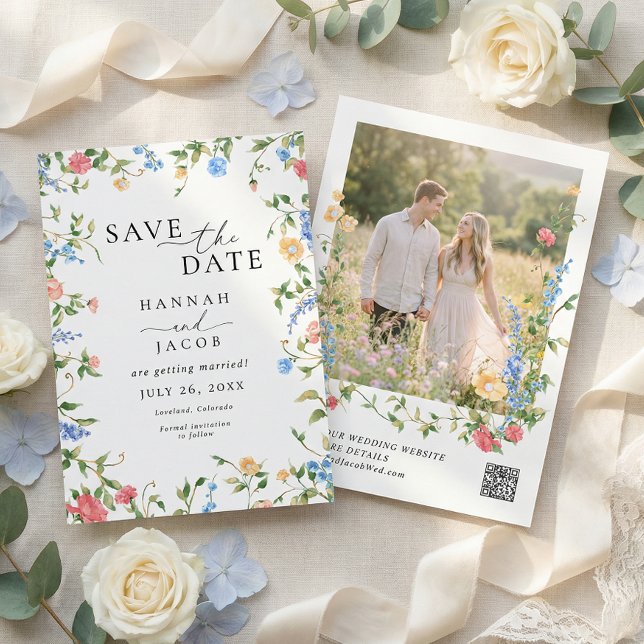 Elegante Wildblumen-QR-Code-Hochzeit Save The Date (Von Creator hochgeladen)