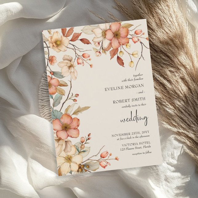 Elegante Wildblumen Rodelbahn mit Aussicht Einladung (Elegant Boho Arch Terracotta rust Fall Wildflowers Invitation)