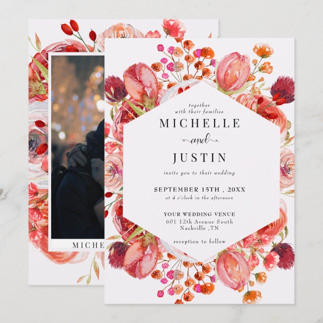 Elegante Wildblumen | Rustikale Foto-Hochzeit Einladung (Vorne/Hinten)