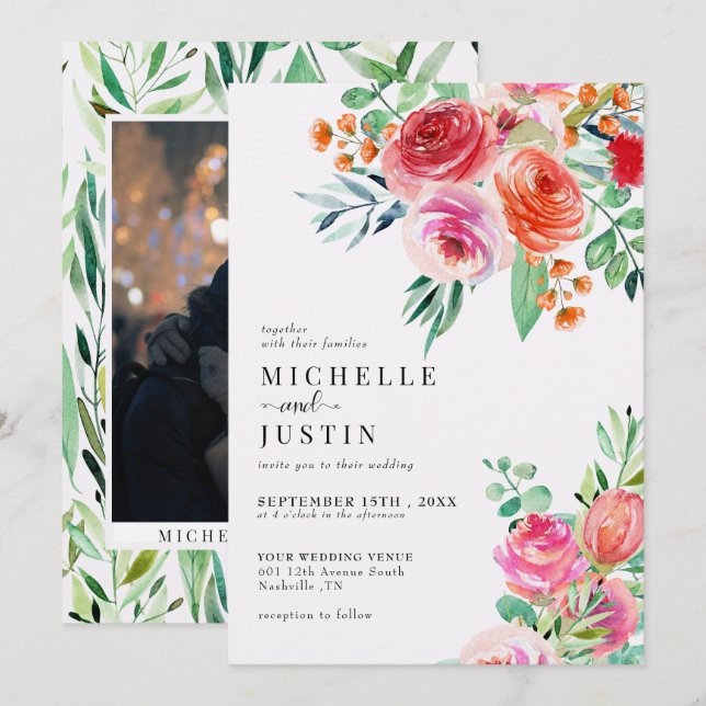 Elegante Wildblumen | Rustikale Foto-Hochzeit Einladung (Vorne/Hinten)