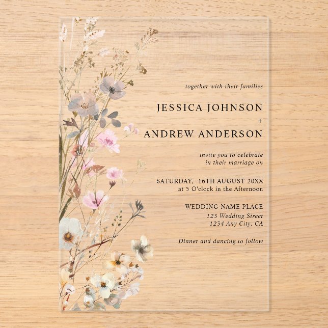 Elegante Wildblumen Rustikale Hochzeit Einladung (Vorderseite)