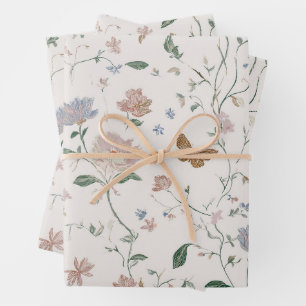 Elegante Wildblumen- & Schmetterlings-Toile-De-Jou Geschenkpapier Set