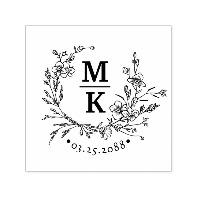 Elegante Wildblumen Wreath Wedding Couple Monogram Permastempel (Design)