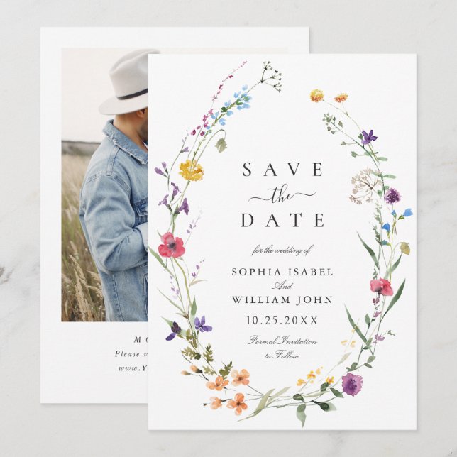 Elegante Wilde Blume Hochzeit Save The Date (Vorne/Hinten)