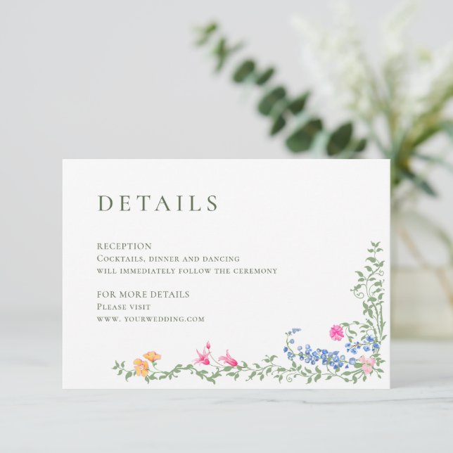 Elegante Wilde Blume Hochzeiten Details Begleitkarte (Stehend Vorderseite)