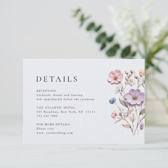 Elegante Wilde Blume Hochzeiten Details Begleitkarte (Stehend Vorderseite)