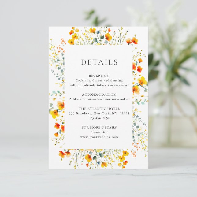 Elegante Wilde Blume Hochzeiten Details Begleitkarte (Stehend Vorderseite)