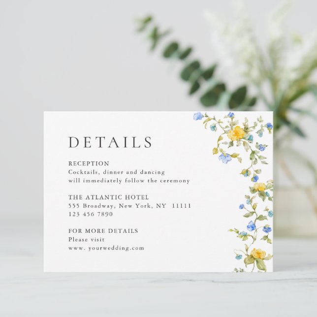 Elegante Wilde Blume Hochzeiten Details Begleitkarte (Stehend Vorderseite)