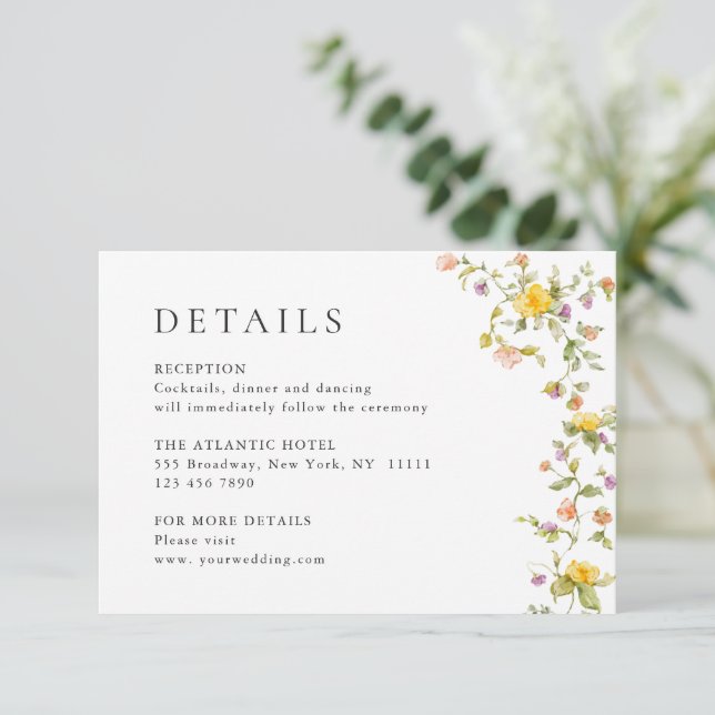 Elegante Wilde Blume Hochzeiten Details Begleitkarte (Stehend Vorderseite)
