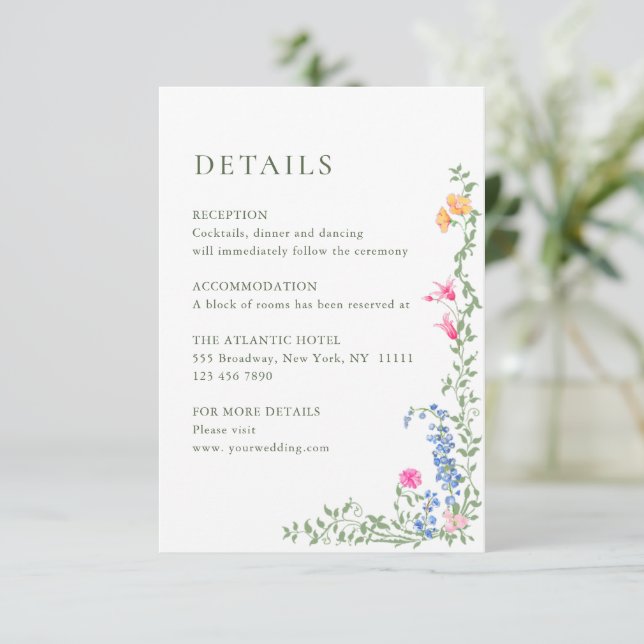 Elegante Wilde Blume Hochzeiten Details Begleitkarte (Stehend Vorderseite)