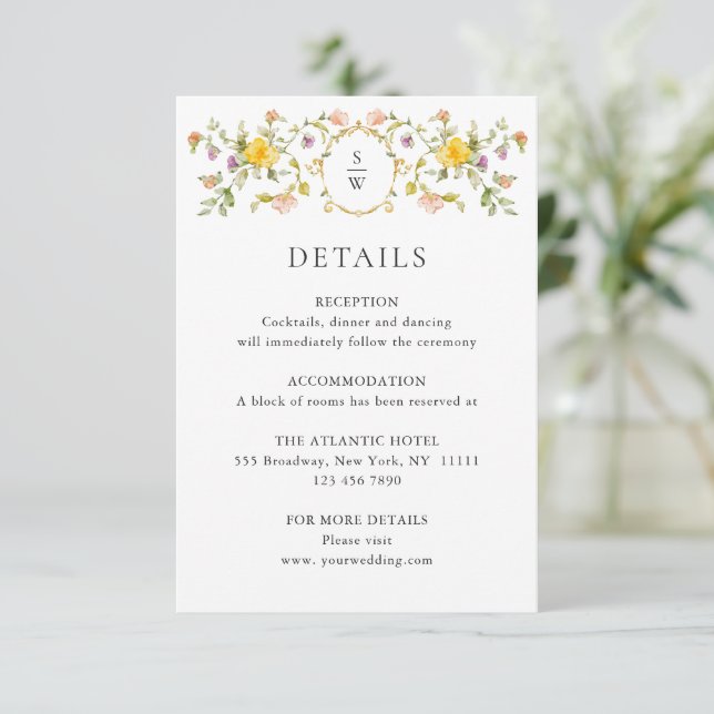 Elegante Wilde Blume Hochzeiten Details Begleitkarte (Stehend Vorderseite)