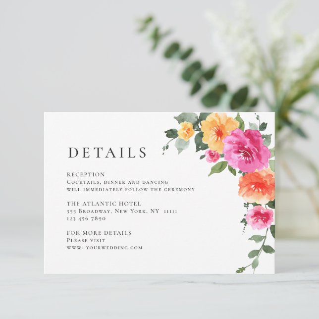 Elegante Wilde Blume Hochzeiten Details Begleitkarte (Stehend Vorderseite)