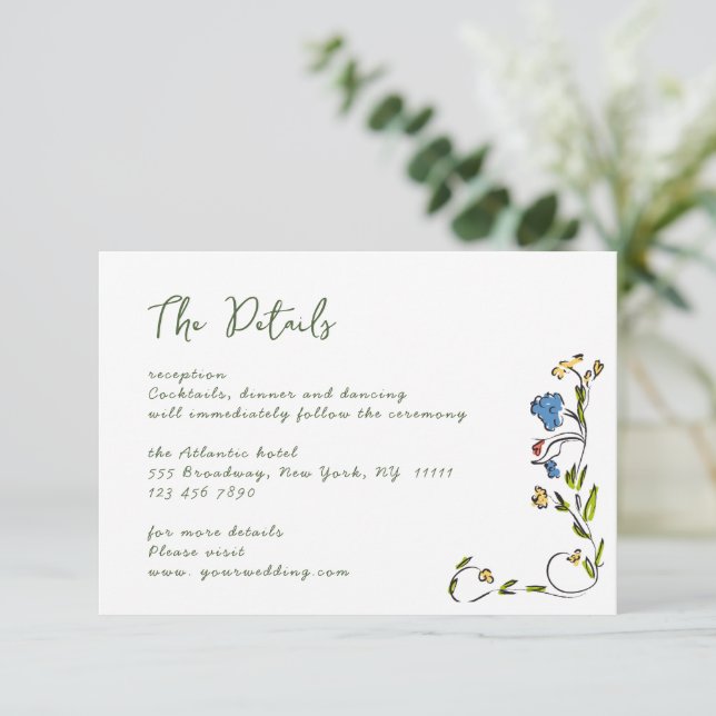 Elegante Wilde Blume Hochzeiten Details Begleitkarte (Stehend Vorderseite)