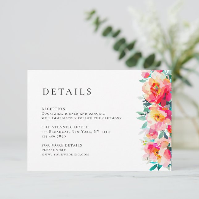 Elegante Wilde Blume Hochzeiten Details Begleitkarte (Stehend Vorderseite)