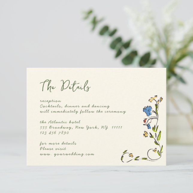 Elegante Wilde Blume Hochzeiten Details Begleitkarte (Stehend Vorderseite)