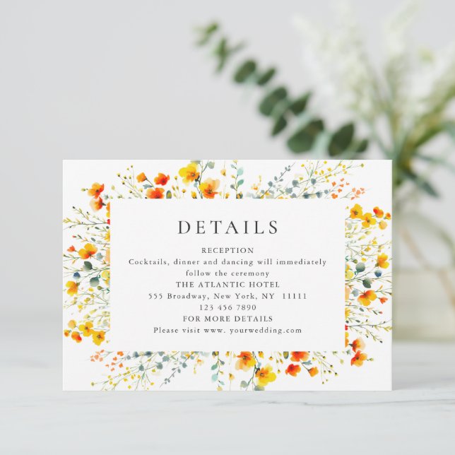 Elegante Wilde Blume Hochzeiten Details Begleitkarte (Stehend Vorderseite)