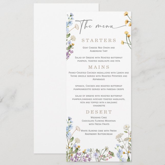 Elegante Wilflower Wedding Menu Menükarte (Vorne/Hinten)
