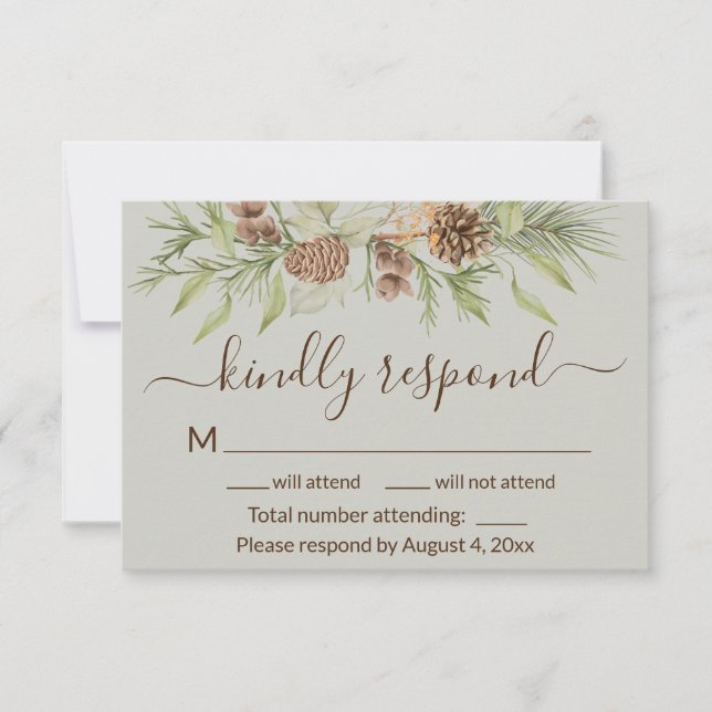 Elegante Winter Beige Pine Wedding RSVP Card Dankeskarte (Vorderseite)
