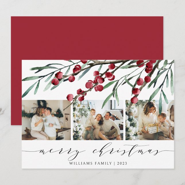 Elegante Winter Berry Script Weihnachten Drei Foto (Vorne/Hinten)