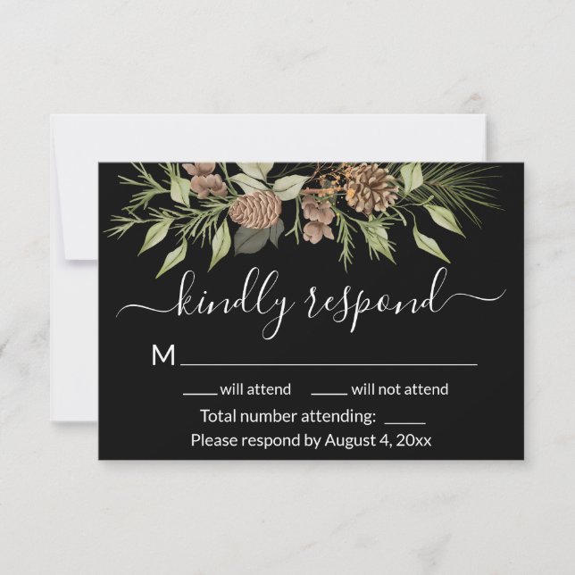 Elegante Winter Black Pine Wedding RSVP Card Dankeskarte (Vorderseite)