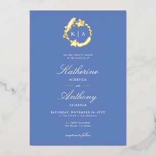 Elegante Winter Blue Gold Wappen Monogramme Hochze Folieneinladung