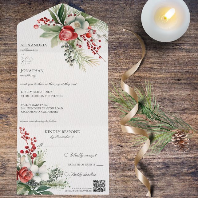 Elegante Winter-Blume, Berries & Pine QR-Code All In One Einladung (Also available without QR code. )