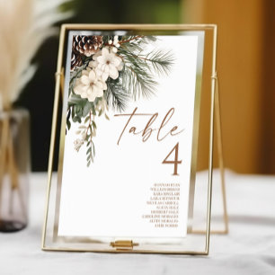 Elegante Winter-Blumen-Kiefernhochzeit Tischnummer