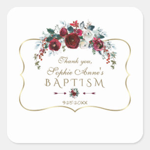Elegante Winter Burgund Pine Gold Taufe Quadratischer Aufkleber