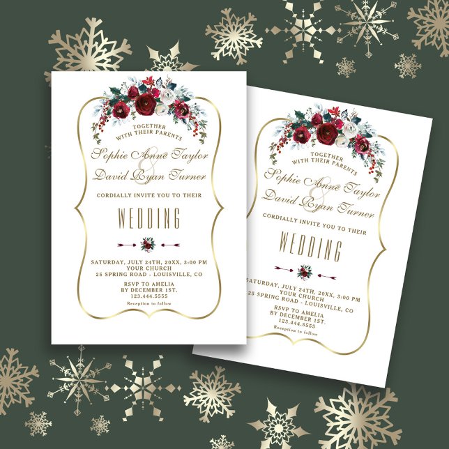 Elegante Winter Burgund Pine Gold Wedding Einladung (Von Creator hochgeladen)