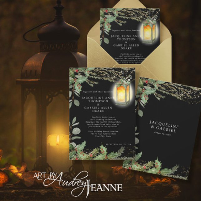 Elegante Winter Christmas Lantern Black Wedding Einladung (Von Creator hochgeladen)