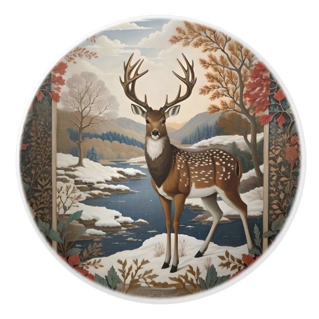 Elegante Winter Deer Winter Szene Keramikknauf (Vorderseite)