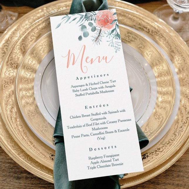 Elegante Winter Eucalyptus Food Menu Einladung (elegant pink light green eucalyptus leaves pine needles winter wedding reception dinner menu)