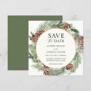 Elegante Winter-Evergreen-Hochzeit - Save-the-Date Einladung