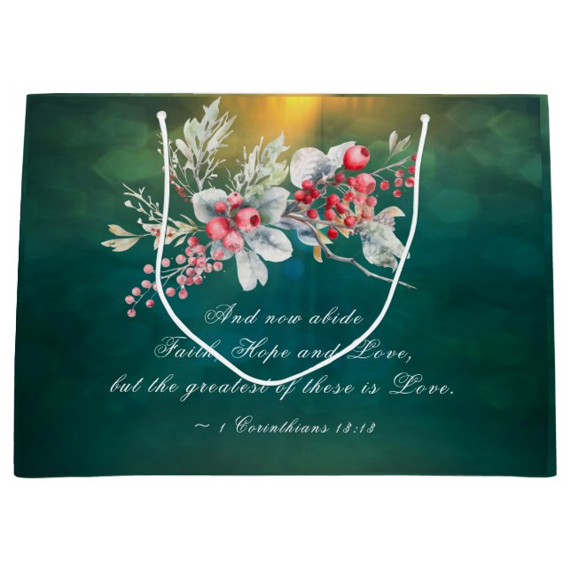 Elegante Winter Floral auf Grüner Bibelhochzeit Große Geschenktüte (Vorderseite)
