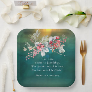 Elegante Winter Floral auf grüner Christlicher Hoc Pappteller