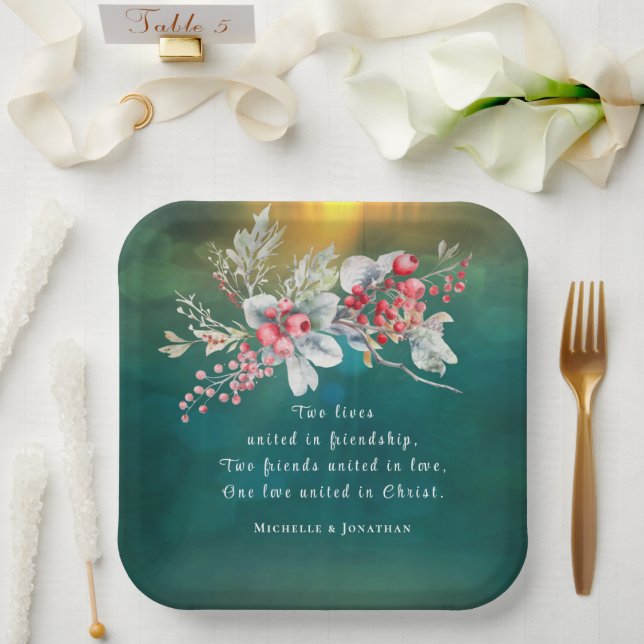 Elegante Winter Floral auf grüner Christlicher Hoc Pappteller (Hochzeit)